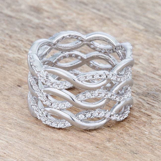 Contemporary 0.88ct CZ Rhodium Twist Wide Cocktail Ring: 6