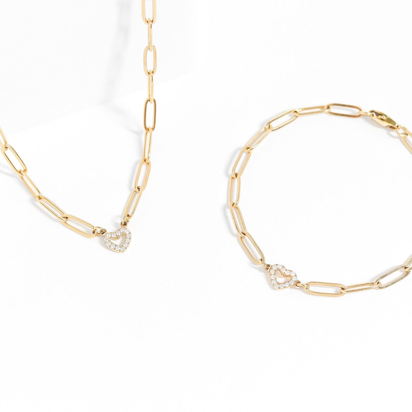 18K Gold PVD Stainless Steel Stone Heart Paperclip Chain Set: Gold