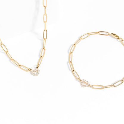 18K Gold PVD Stainless Steel Stone Heart Paperclip Chain Set: Gold