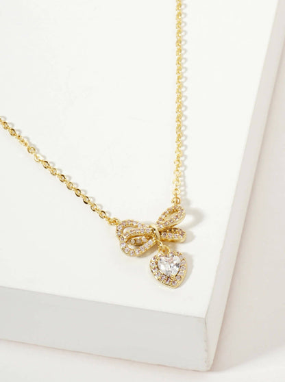 Heart CZ Drop Pave-Set CZ Brow Pendant 18K-Gold-Dipped Brass Necklace: Gold