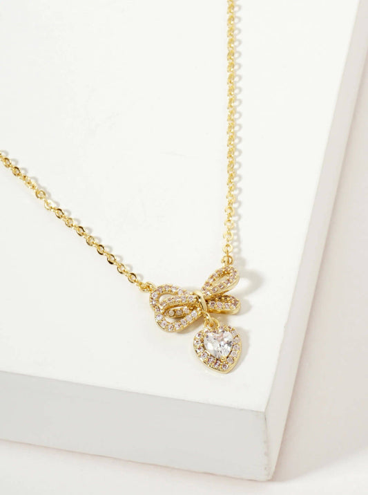 Heart CZ Drop Pave-Set CZ Brow Pendant 18K-Gold-Dipped Brass Necklace: Gold