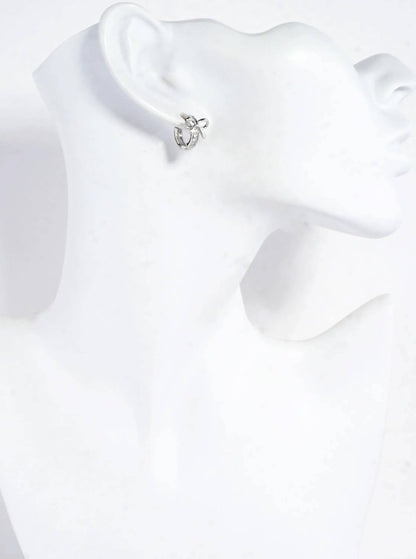 CZ Pave Polished Ribbon Bow Huggie Hoop Earrings: Rhodium Clear