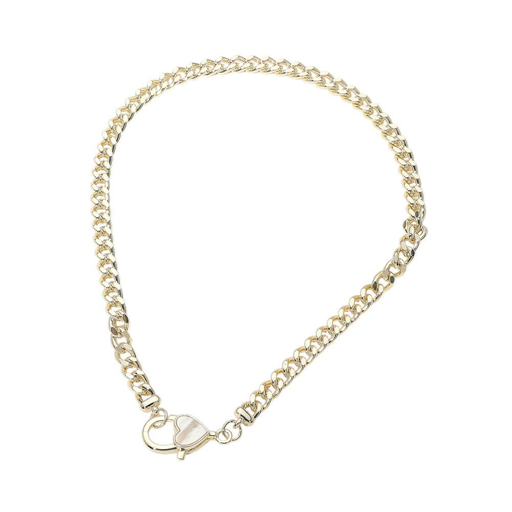 14K Gold Plated Mother of Pearl Heart Clasp Curb Chain Necklace: Gold,Mother of Pearl