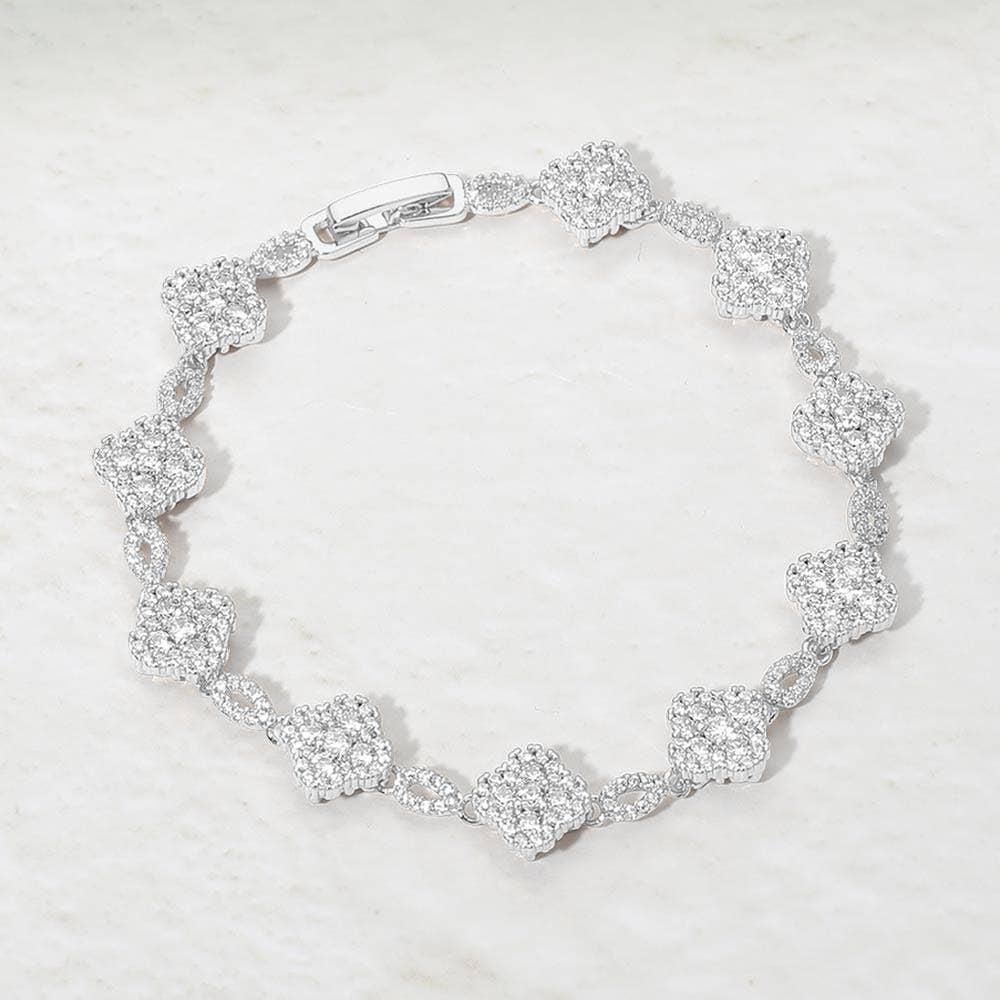 14K Gold Plated CZ Pave Quatrefoil Link Bracelet: Silver