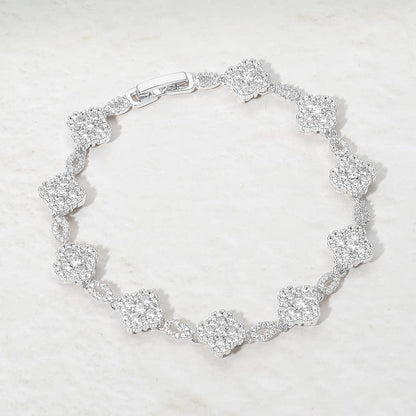 14K Gold Plated CZ Pave Quatrefoil Link Bracelet: Silver