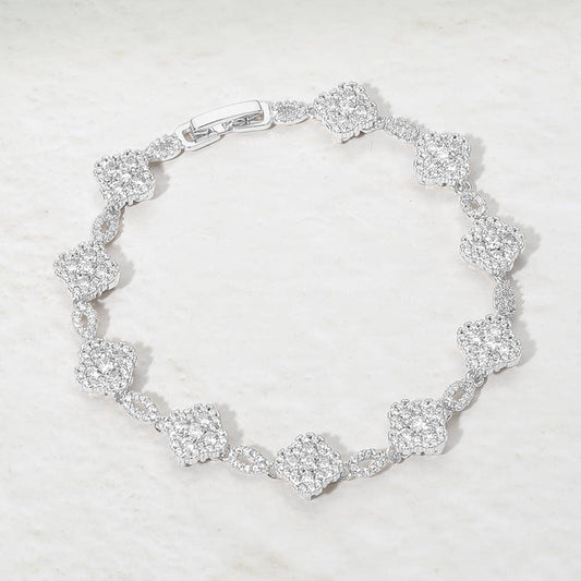 14K Gold Plated CZ Pave Quatrefoil Link Bracelet: Silver