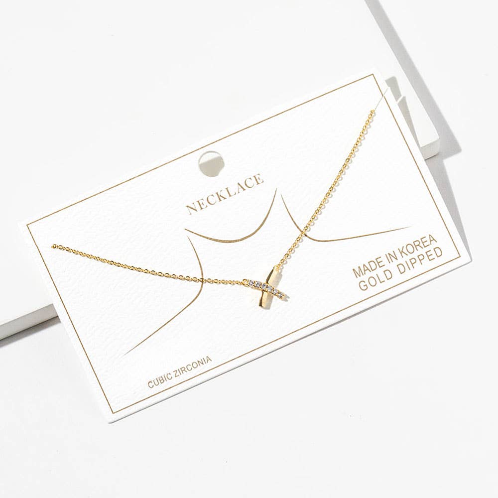 Gold Dipped CZ Pave Crisscross Pendant Necklace: Clear,Gold