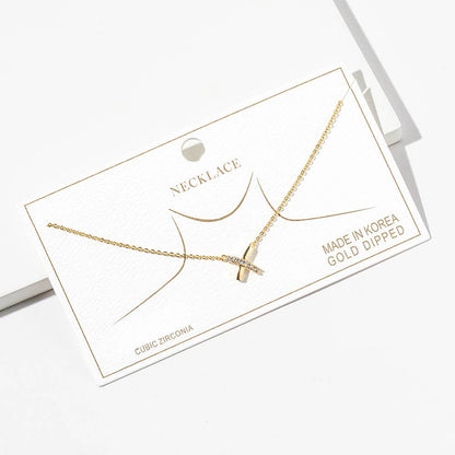 Gold Dipped CZ Pave Crisscross Pendant Necklace: Clear,Gold