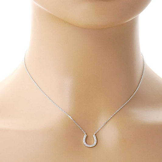 Gold Dipped CZ Stone Paved Horseshoe Pendant Necklace: Clear,Rhodium