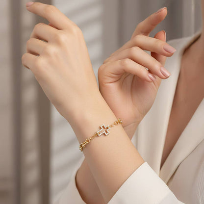 Gold Dipped CZ Pave Open Cross Charm Accent Link Bracelet: Clear,Gold