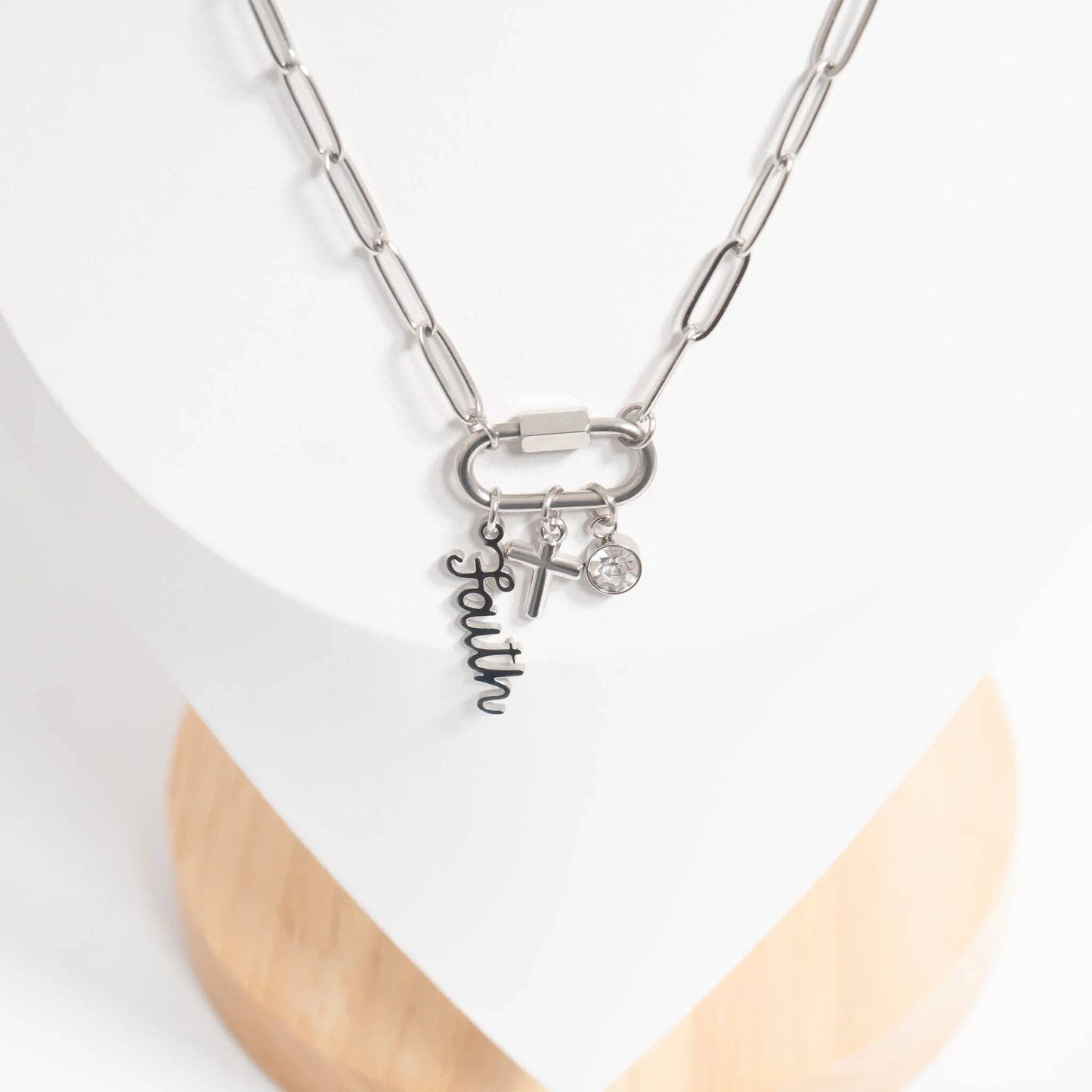 18K Gold PVD Stainless Steel Cross Carabiner Charm Necklace: Stainless