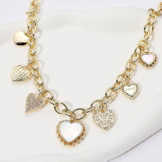 14K Gold Plated CZ Mother of Pearl Heart Charm Necklace: Yellow Gold