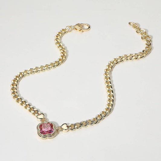 14K Gold Plated CZ Quatrefoil Pendant Pointed Chain Necklace: Pink
