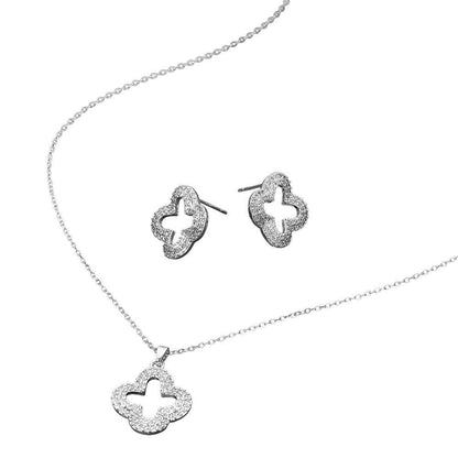 Stainless Steel Stone Pave Open Quatrefoil Pendant Necklace: Rhodium