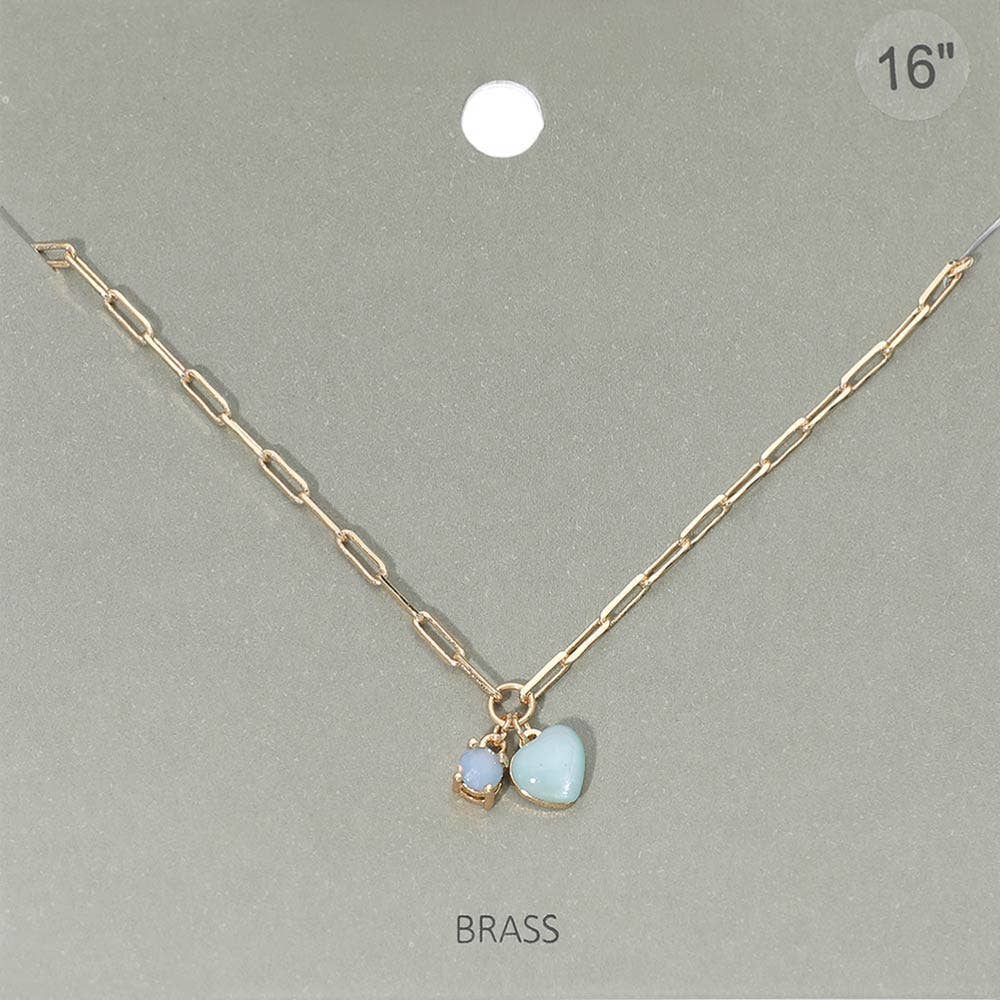 Heart Stone Charm Pendant Paperclip Chain Necklace: Blue,Gold