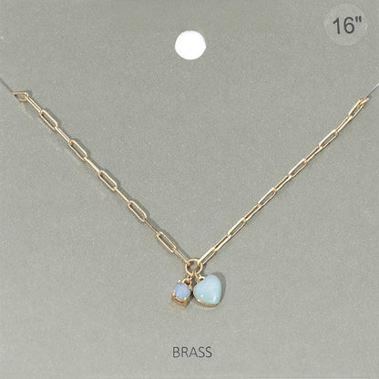 Heart Stone Charm Pendant Paperclip Chain Necklace: Blue,Gold