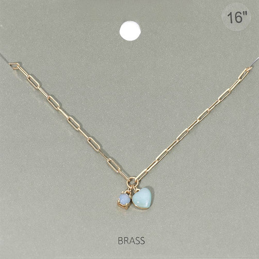 Heart Stone Charm Pendant Paperclip Chain Necklace: Blue,Gold