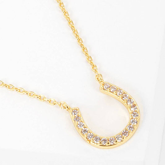 Gold Dipped CZ Stone Paved Horseshoe Pendant Necklace: Clear,Gold