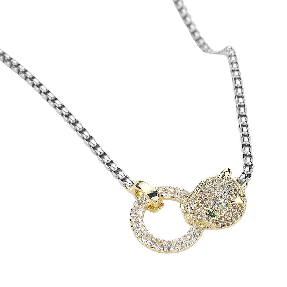 14K Gold Plated CZ Stone Paved Leopard Panther Head Pendant Necklace