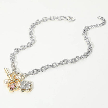 14K Gold Plated Two Tone CZ Stone Paved Quatrefoil Pearl Charm Pendant Necklace