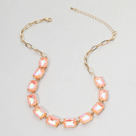 Cushion Rectangular Stone Cluster Link Evening Necklace: AB,Pink