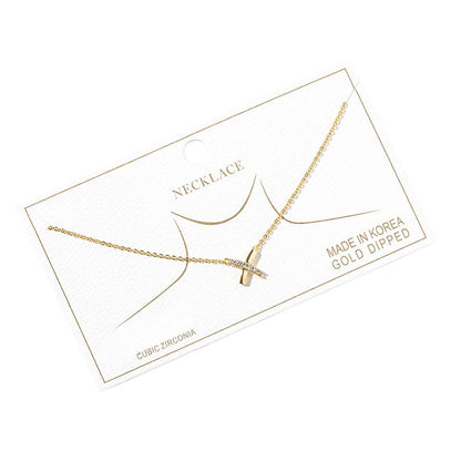 Gold Dipped CZ Pave Crisscross Pendant Necklace: Clear,Gold
