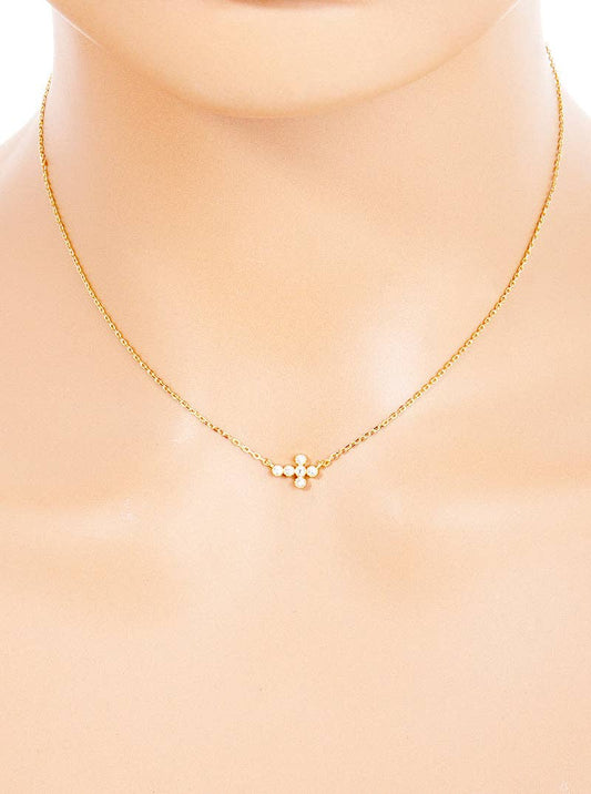 18K Gold Dipped Cz Sideways Dainty Cross Pendant Necklace: Gold-Crystal