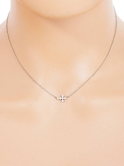 18K Gold Dipped Cz Sideways Dainty Cross Pendant Necklace: Rhodium-Crystal