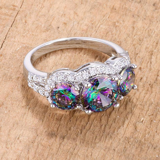 4 Ct Three Stone Rhodium Ring With Mystic and Clear CZ: 5