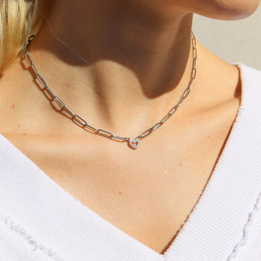 18K Gold PVD Stainless Steel  "Heart" Paperclip Necklace: Stainless