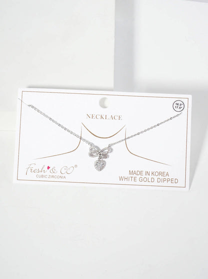 Heart CZ Drop Pave-Set CZ Brow Pendant 18K-Gold-Dipped Brass Necklace: Rhodium