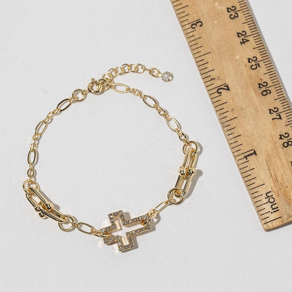 Gold Dipped CZ Pave Open Cross Charm Accent Link Bracelet: Clear,Gold