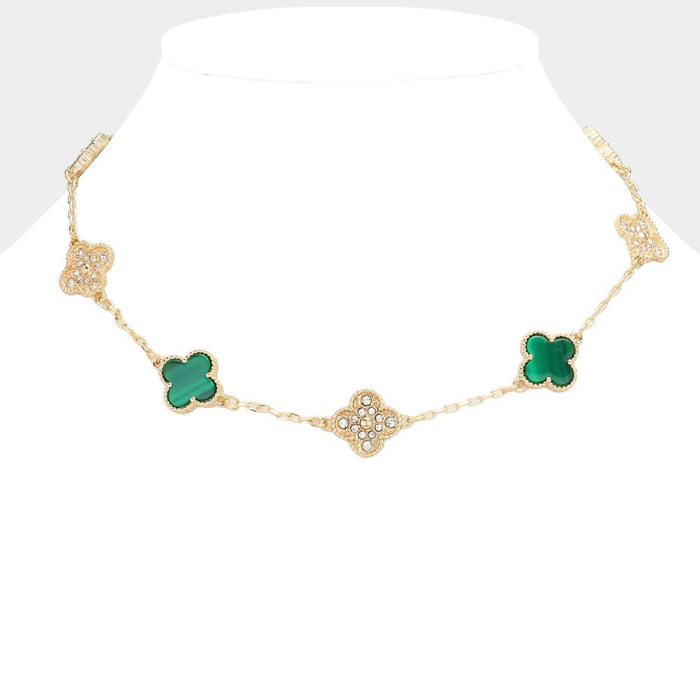 Stone Paved Natural Stone Quatrefoil Station Necklace: Green