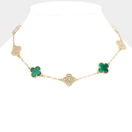 Stone Paved Natural Stone Quatrefoil Station Necklace: Green