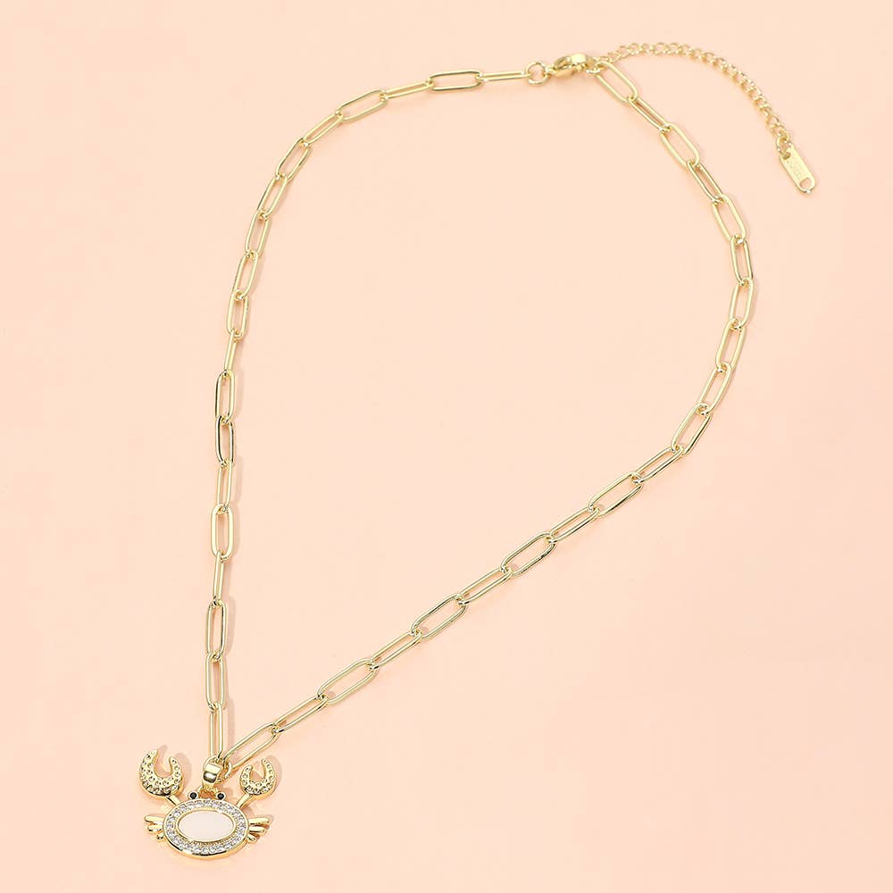Stainless Steel Mother of Pearl CZ Stone Paved Crab Charm Pendant Paperclip Chain Necklace: Gold,Mother of Pearl