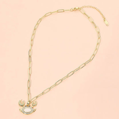 Stainless Steel Mother of Pearl CZ Stone Paved Crab Charm Pendant Paperclip Chain Necklace: Gold,Mother of Pearl