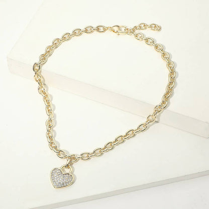 14K Gold Plated CZ Pave Heart Pendant Chunky Chain Necklace
