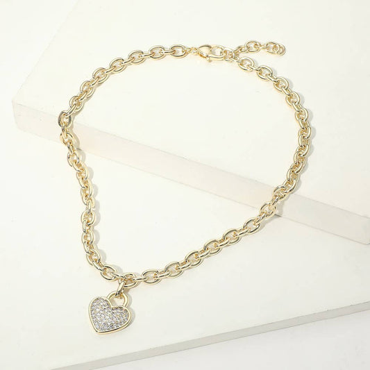 14K Gold Plated CZ Pave Heart Pendant Chunky Chain Necklace