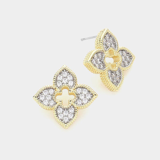 14K Gold Plated CZ Stone Paved Clover Stud Earrings