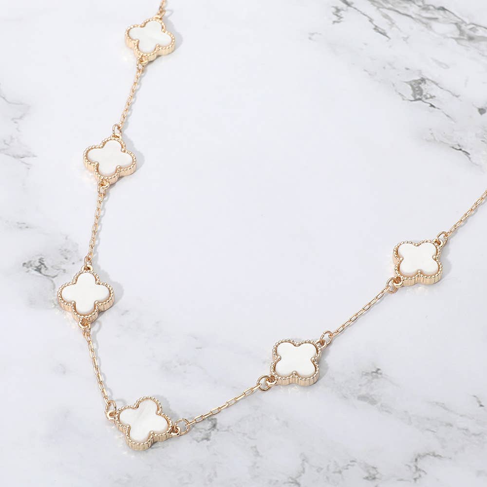Quatrefoil Stone Station Necklace: Gold White
