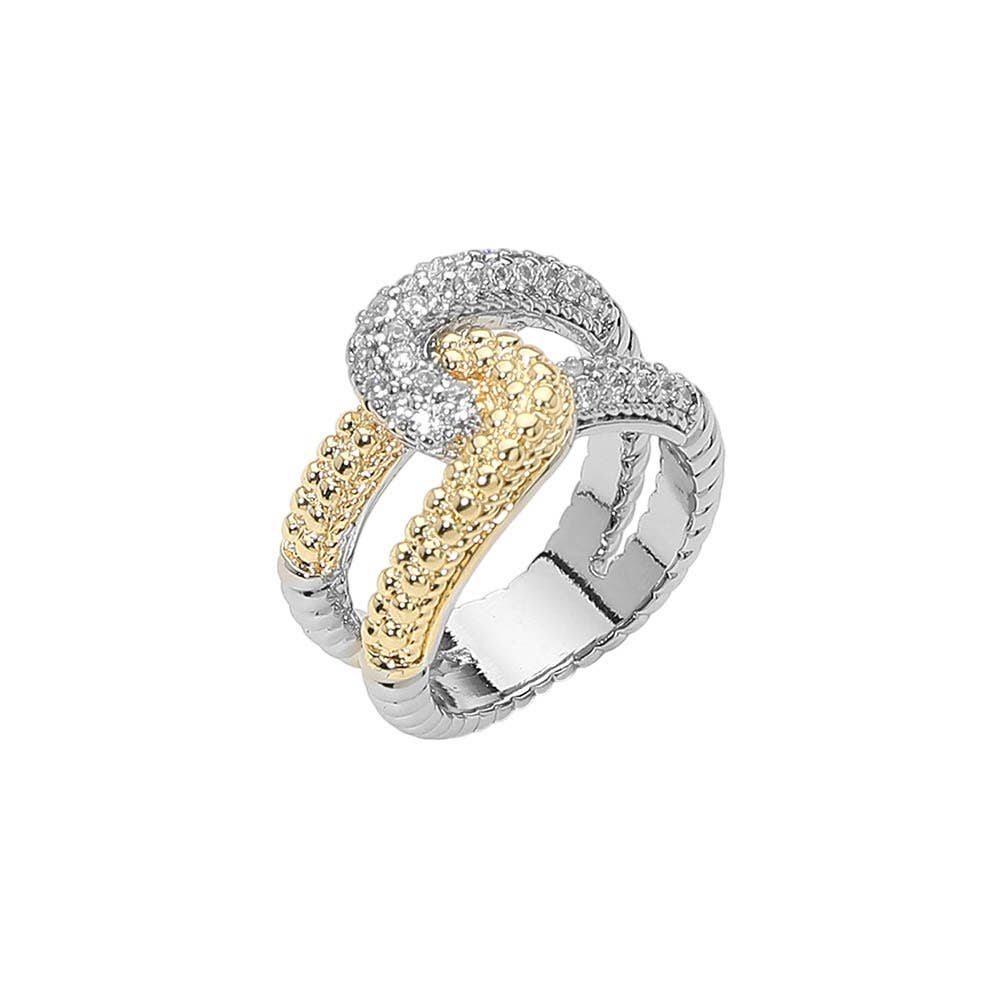 Two Tone CZ Pave Twisted Crossover Ring: 9