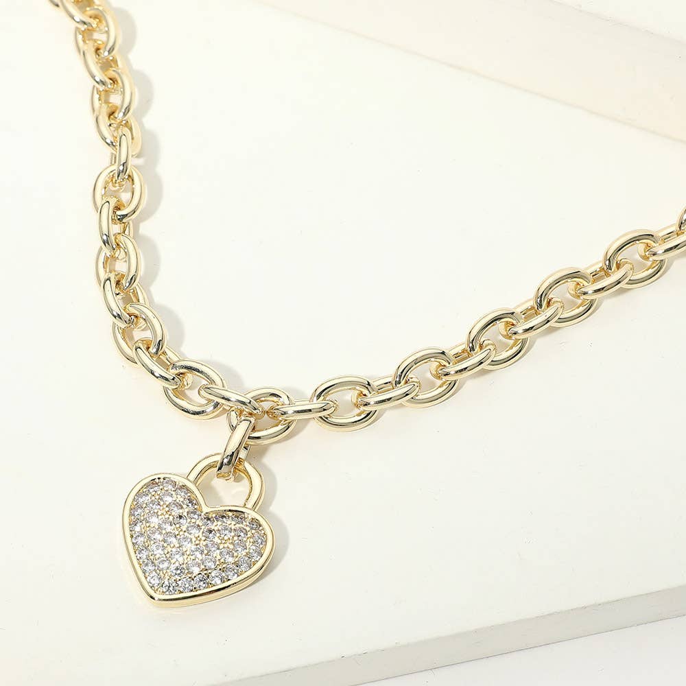 14K Gold Plated CZ Pave Heart Pendant Chunky Chain Necklace