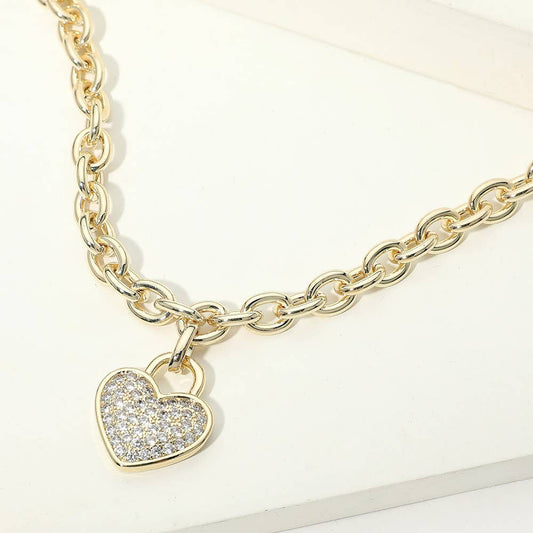 14K Gold Plated CZ Pave Heart Pendant Chunky Chain Necklace