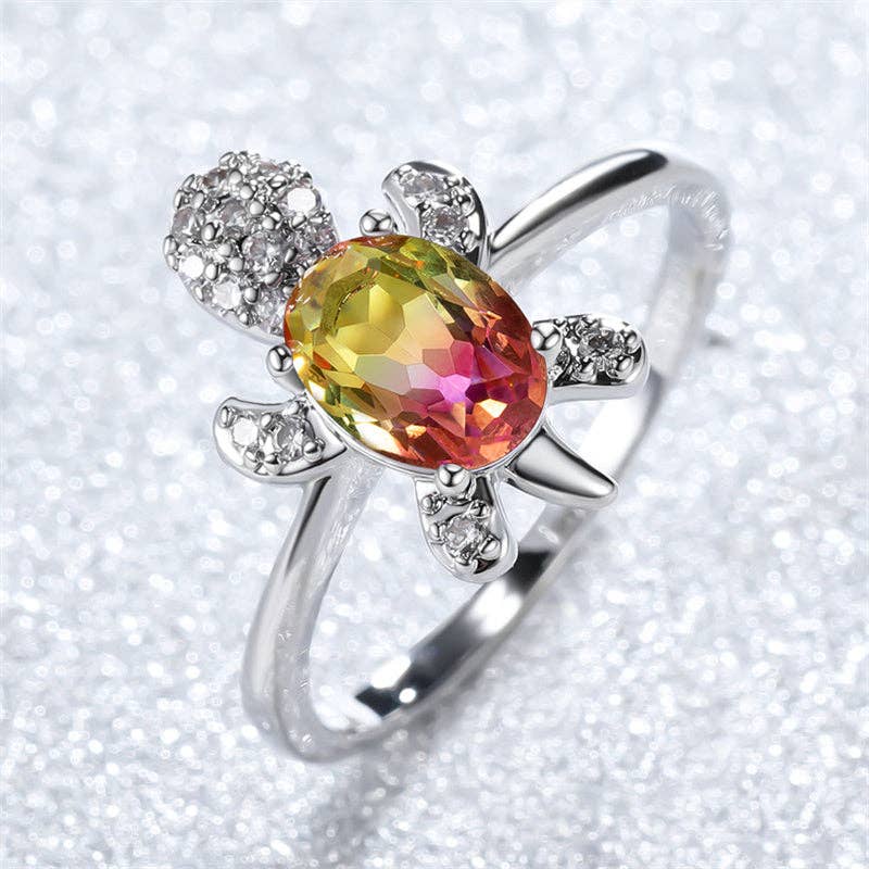 Colored Stone Sea Turtle Statement Ring in Solid Copper: 6 US / Rainbow