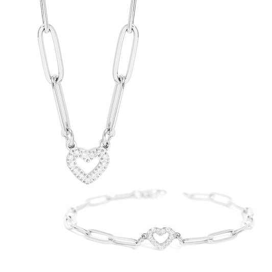 18K Gold PVD Stainless Steel Stone Heart Paperclip Chain Set: Gold