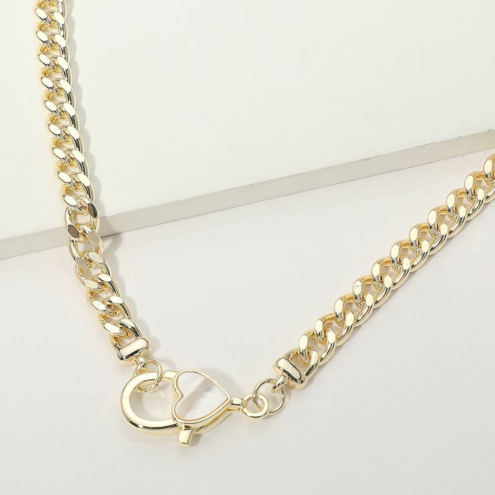 14K Gold Plated Mother of Pearl Heart Clasp Curb Chain Necklace: Gold,Mother of Pearl