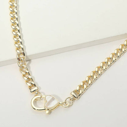 14K Gold Plated Mother of Pearl Heart Clasp Curb Chain Necklace: Gold,Mother of Pearl