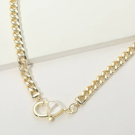 14K Gold Plated Mother of Pearl Heart Clasp Curb Chain Necklace: Gold,Mother of Pearl