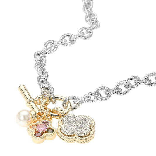 14K Gold Plated Two Tone CZ Stone Paved Quatrefoil Pearl Charm Pendant Necklace