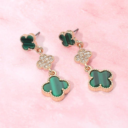 Triple Quatrefoil Drop Earrings: Emerald,Gold
